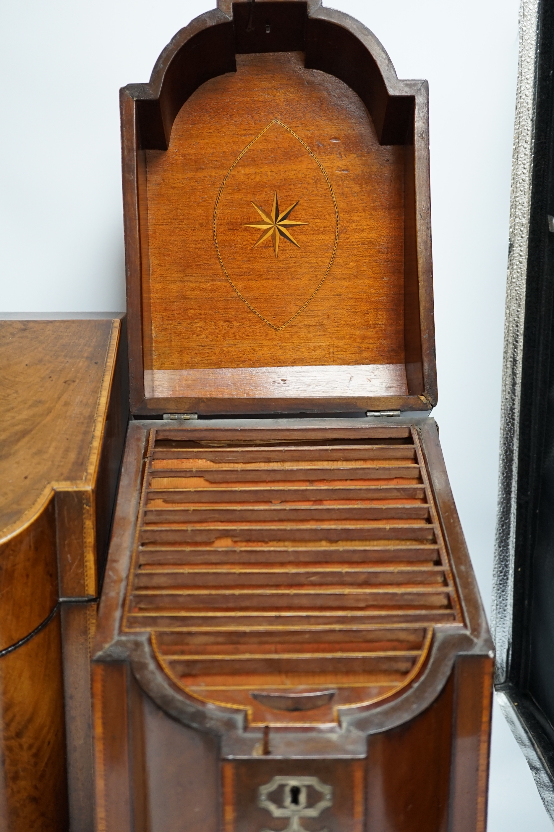 A pair of George III mahogany inlaid knife boxes with shield shaped lock plates (one converted), 38cm high